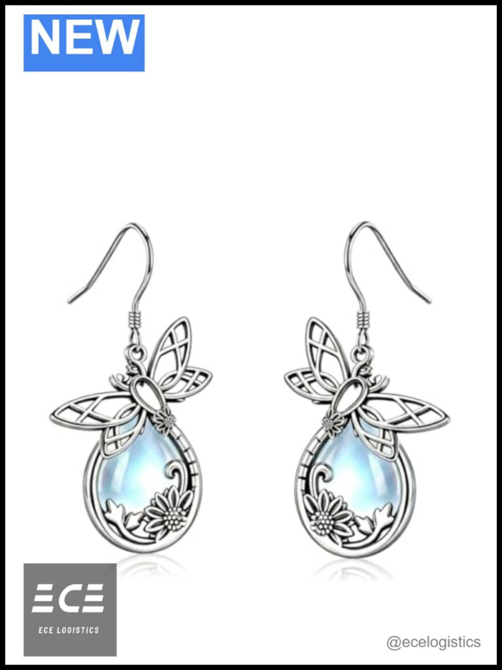 Dragonfly Moonstone Drop Earrings Hypoallergenic Metal French Wire Gift Box